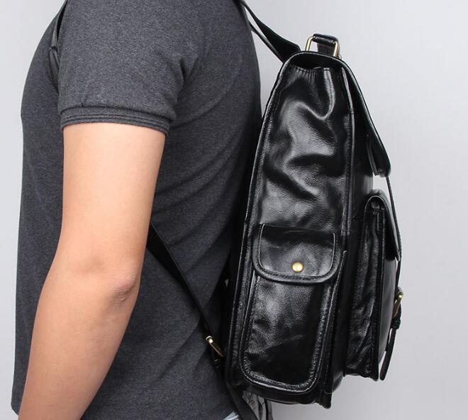 Mens Black Leather Laptop Backpack Bag