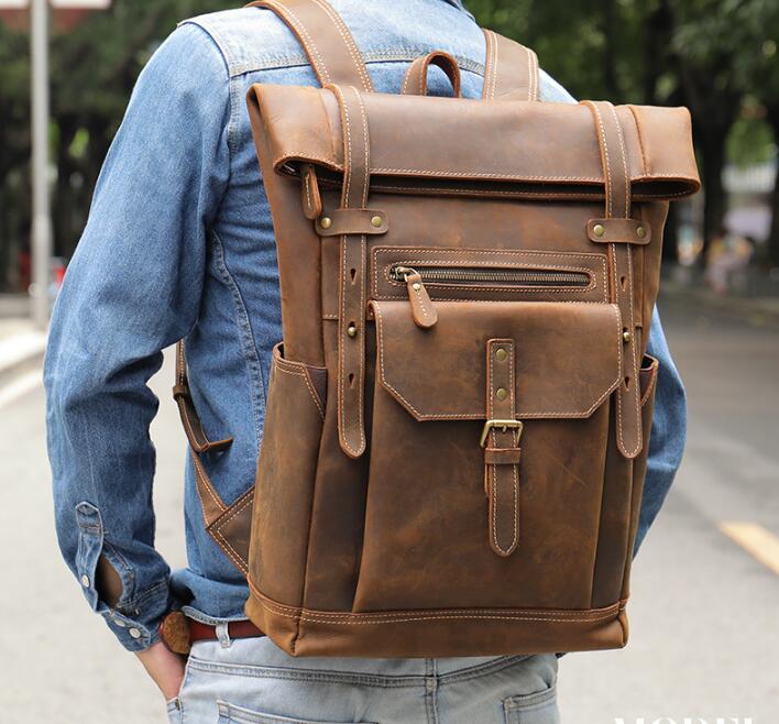 Genuine Brown Leather Backpack Purse Bag