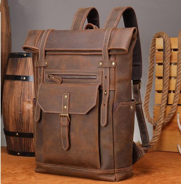 Genuine Brown Leather Backpack Purse Bag