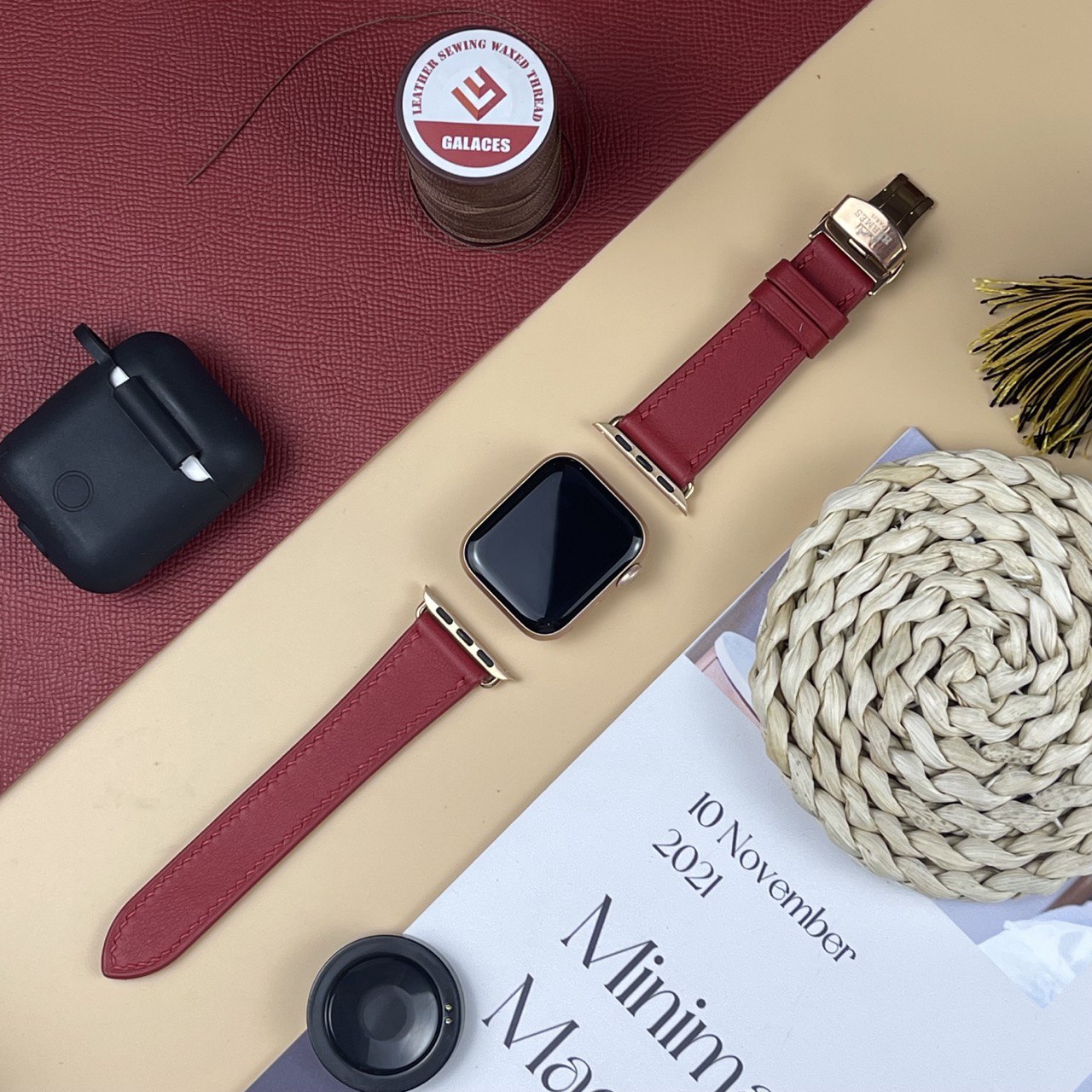 Watch Strap Swift Leather for Apple Watch, Mechanical Watch - Wine Red SW2210