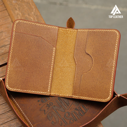 Waxed Cowhide Leather Mini Card Wallet - Dark Brown