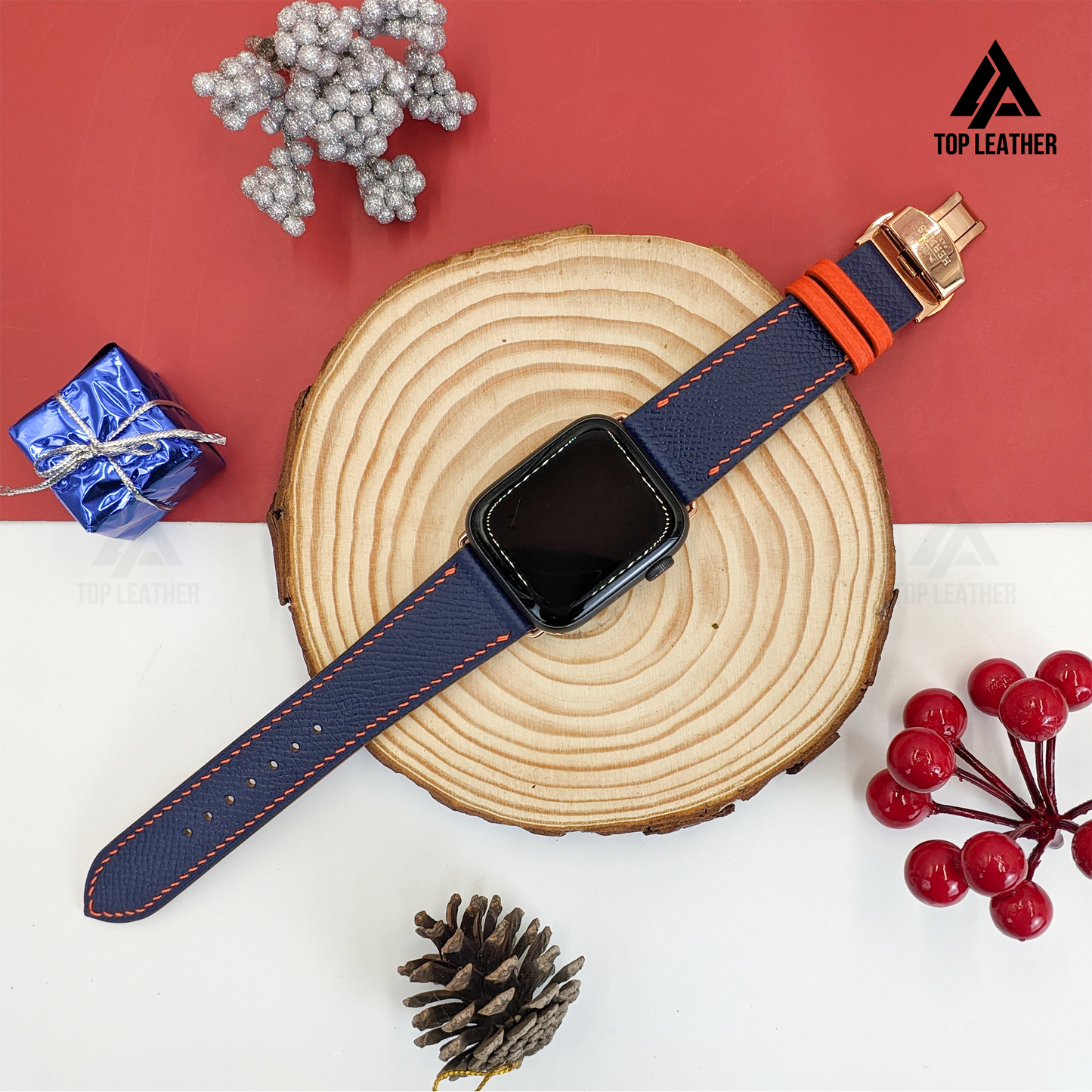 Strap Watch Epsom leather for Apple Watch and Mechanical Watch -  Navy Mix Orange Thread EP01.33