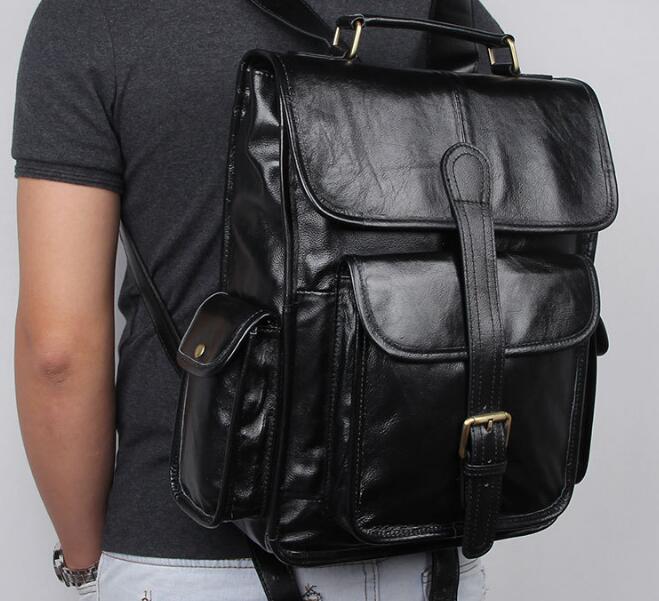 Mens Black Leather Laptop Backpack Bag