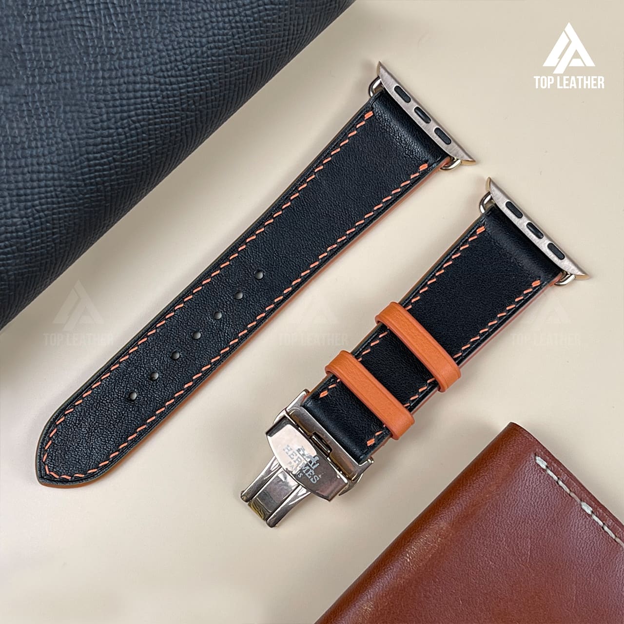 Strap Watch Swift leather for Apple Watch and Mechanical Watch -  Black Mix Orange Thread SW07.33