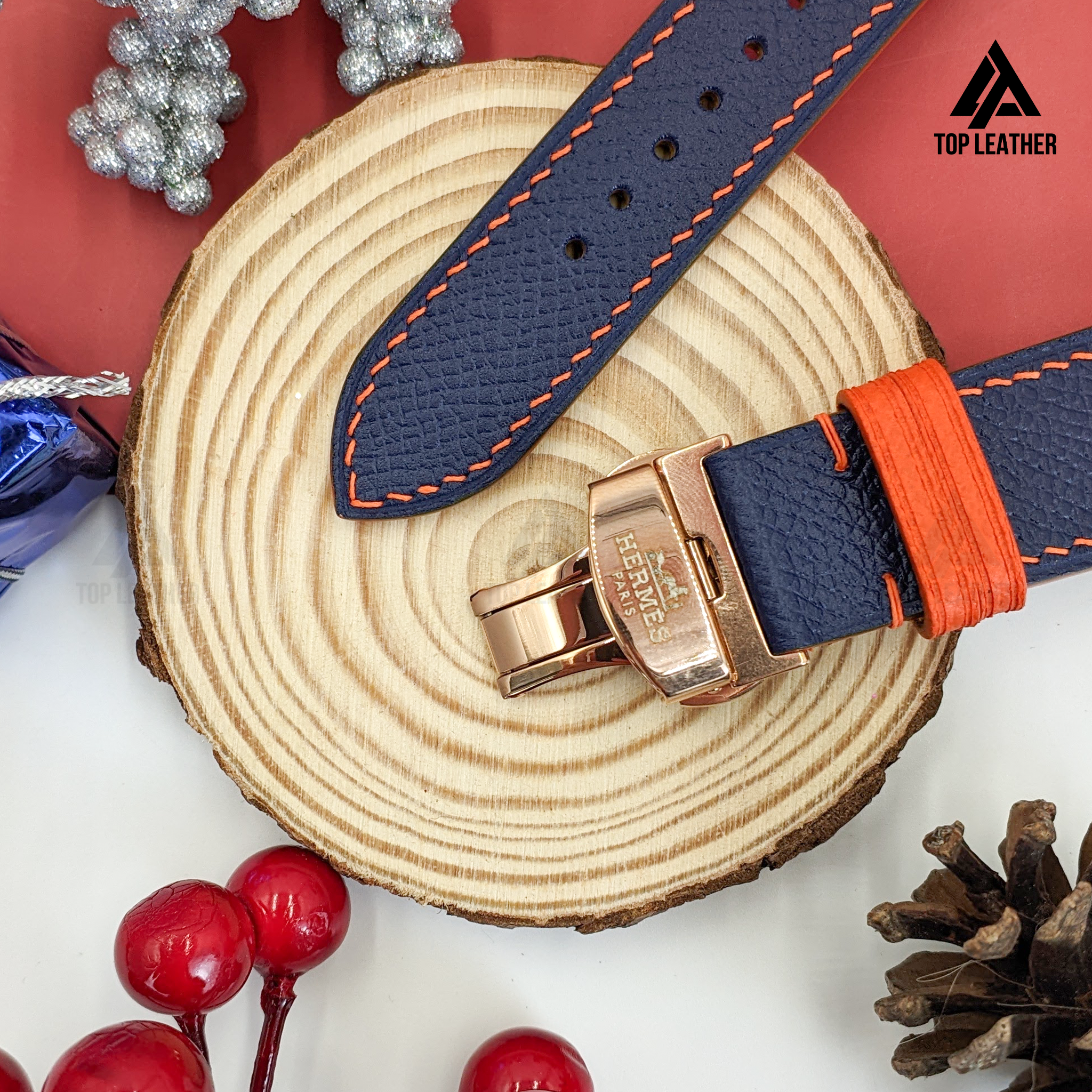 Strap Watch Epsom leather for Apple Watch and Mechanical Watch - Navy Mix Orange Thread EP01.33