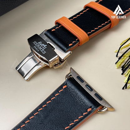 Strap Watch Swift leather for Apple Watch and Mechanical Watch -  Black Mix Orange Thread SW07.33