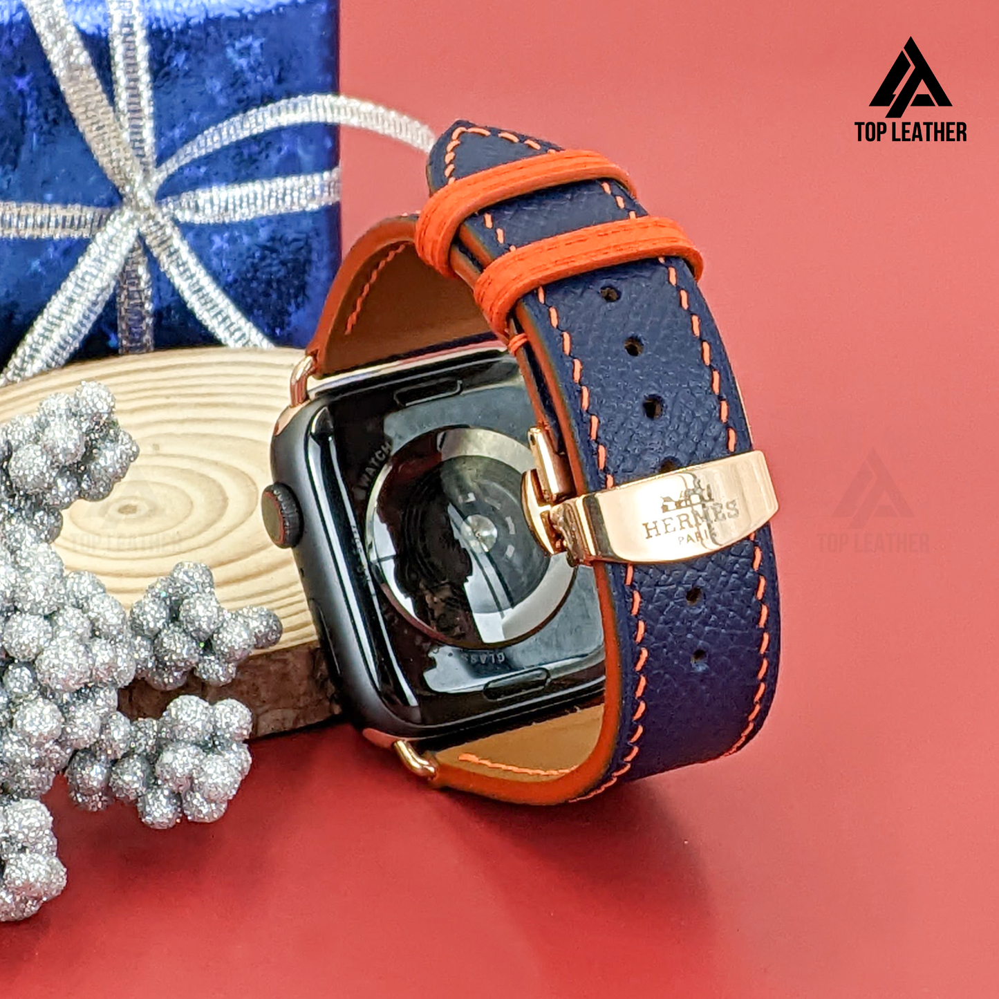 Strap Watch Epsom leather for Apple Watch and Mechanical Watch -  Navy Mix Orange Thread EP01.33