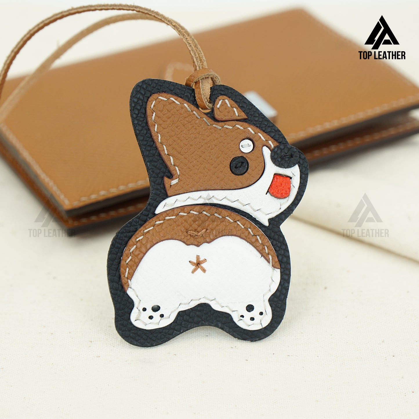 Corgi - Epsom Leather Keychain hand stitching