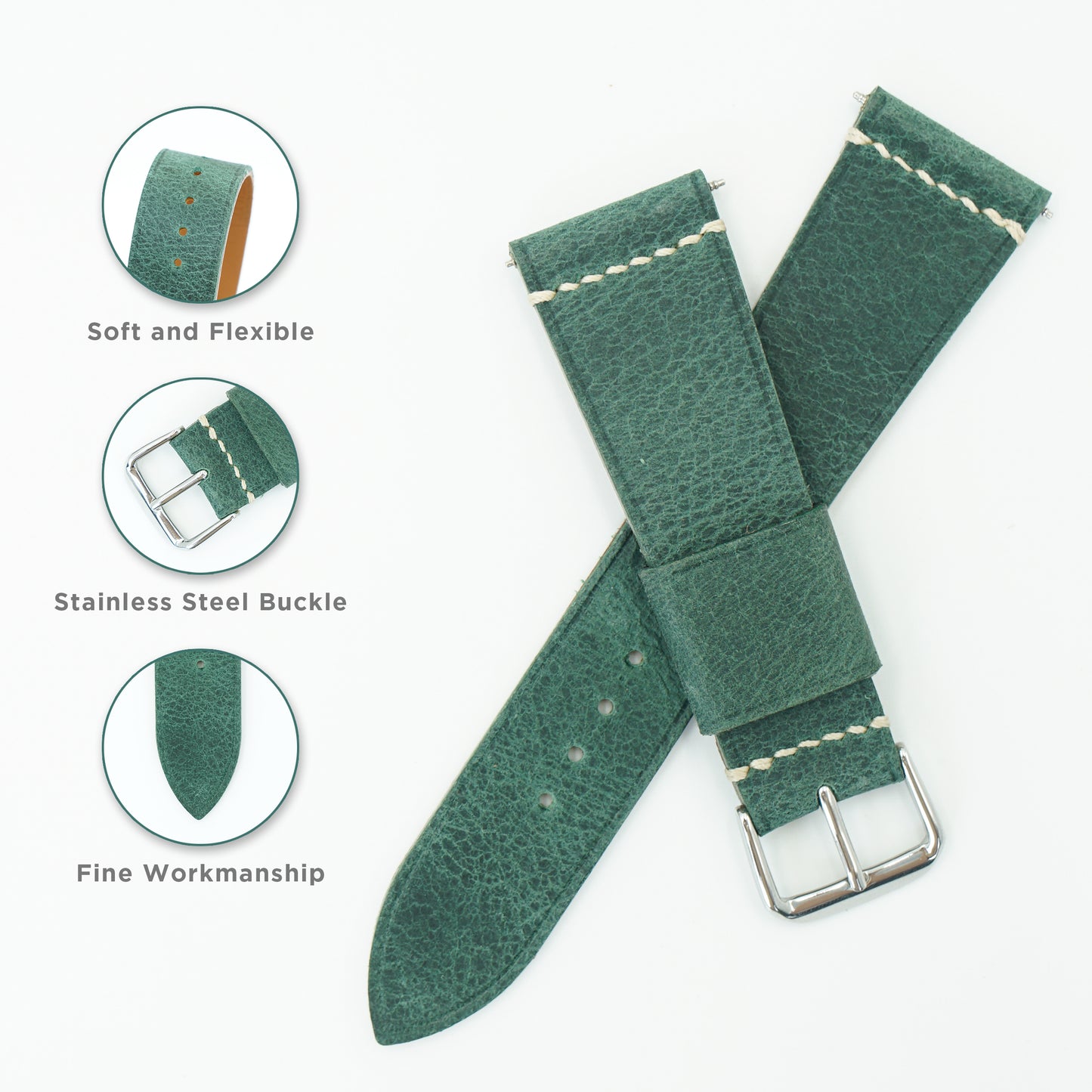 Waxed Leather Watch Strap - Moss Green