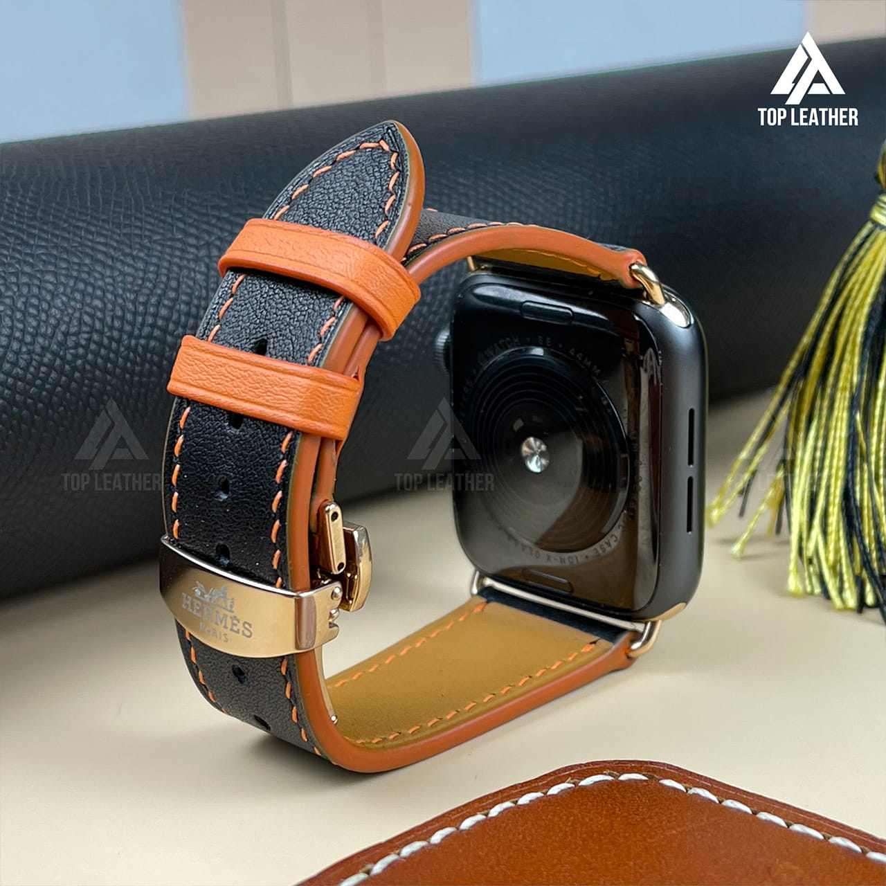 Strap Watch Swift leather for Apple Watch and Mechanical Watch -  Black Mix Orange Thread SW07.33