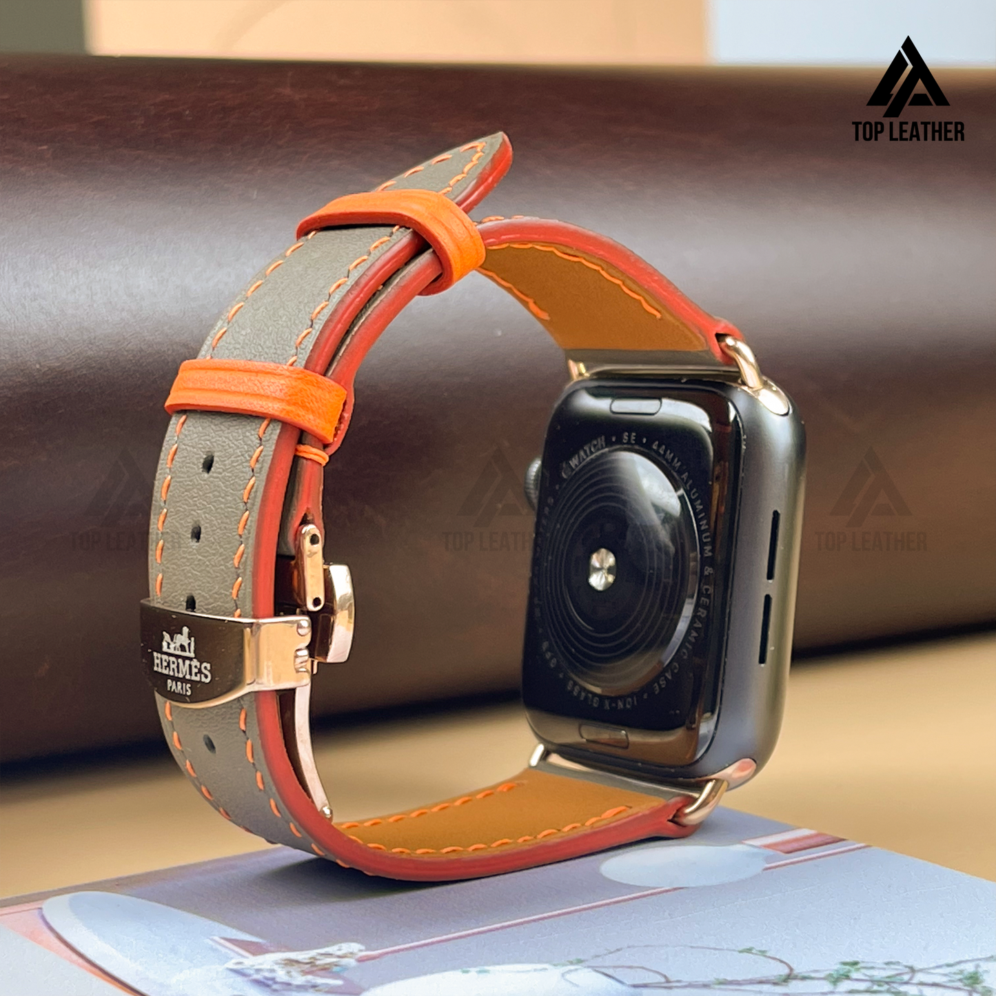 Watch Strap Swift Leather for Apple Watch, Mechanical Watch - Gray Mix Orange SW08.33