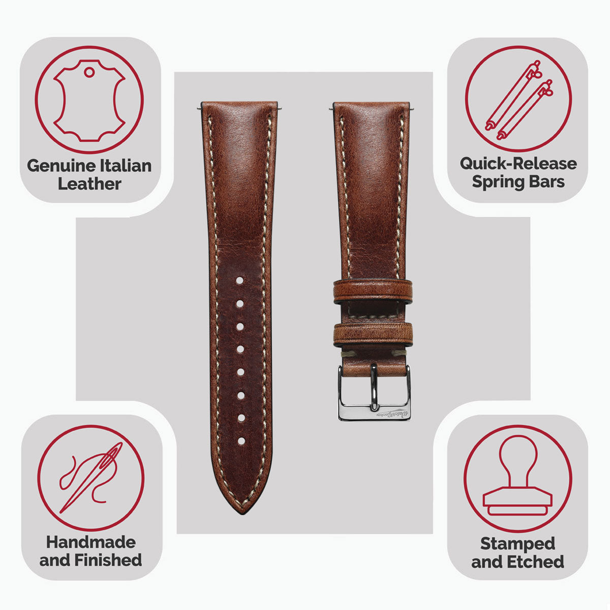 Classic Highley Genuine Leather Watch Strap - Reddish Brown