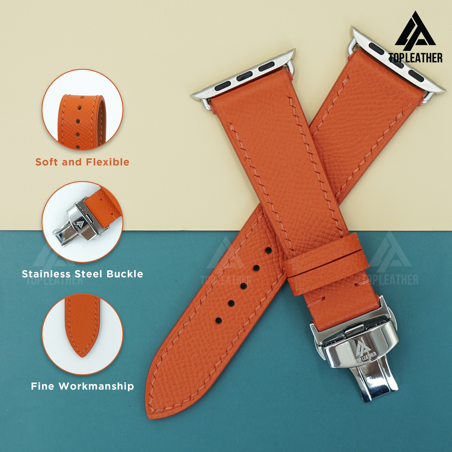 Watch Strap Epsom Leather for Apple Watch, Samsung Watch, Mechanical Watch - Orange EP2203