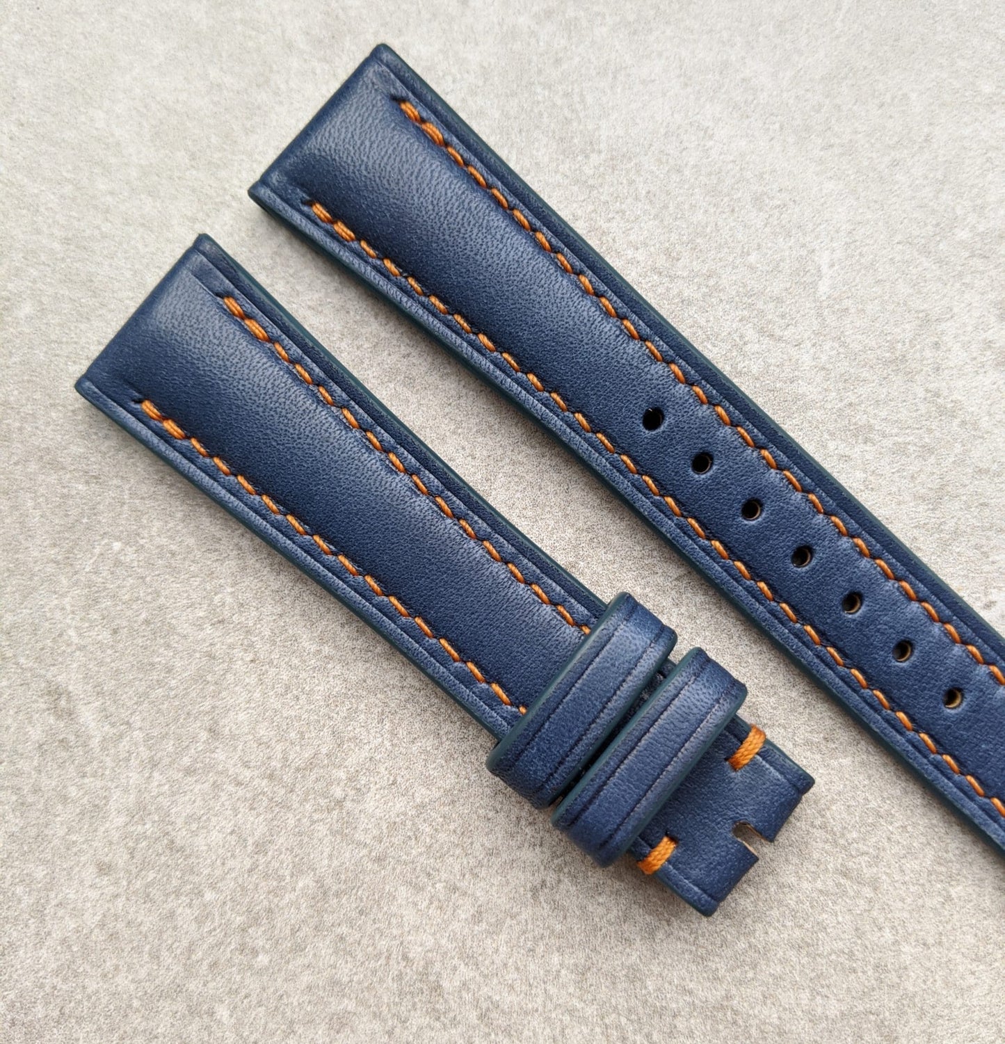 French Calfskin Watch Strap - Navy Blue w/Orange Stitch