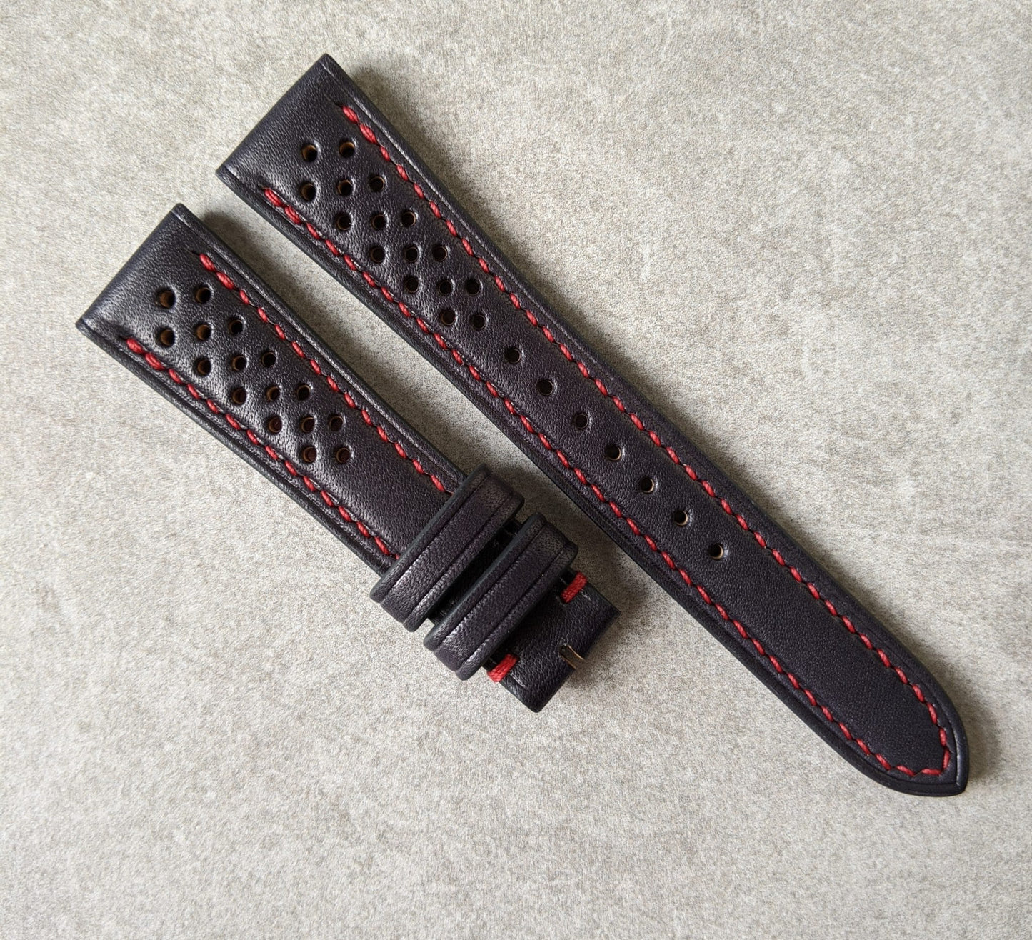 French Calfskin Rally Watch Strap - Black with contrast red stitch