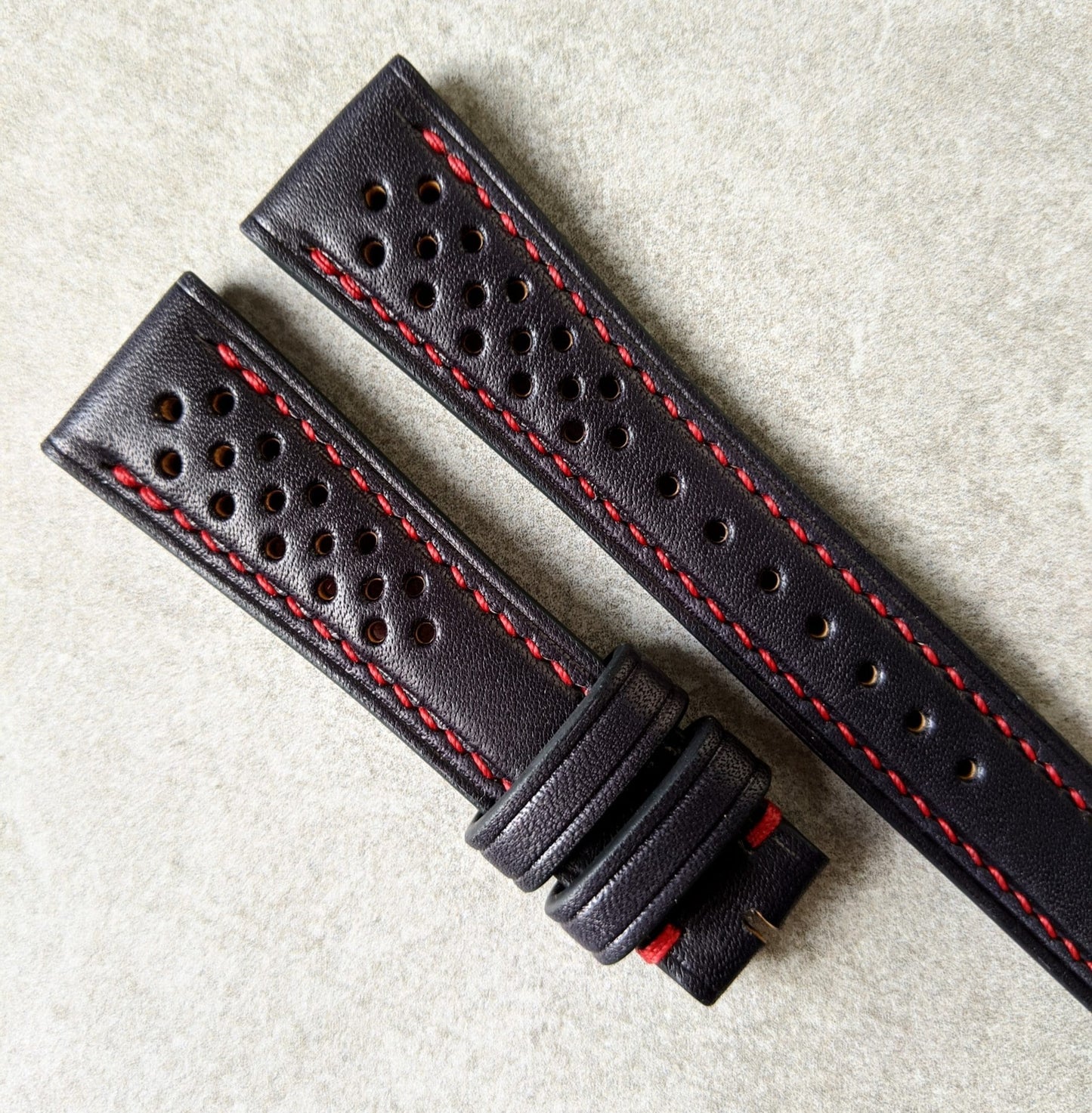 French Calfskin Rally Watch Strap - Black with contrast red stitch