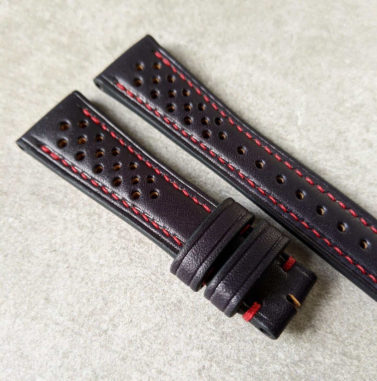 French Calfskin Rally Watch Strap - Black with contrast red stitch