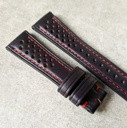 French Calfskin Rally Watch Strap - Black with contrast red stitch