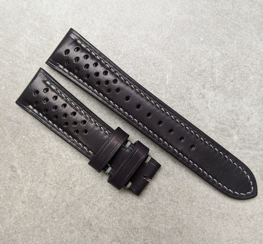 French Calfskin Rally Watch Strap - Black & Smoke Grey