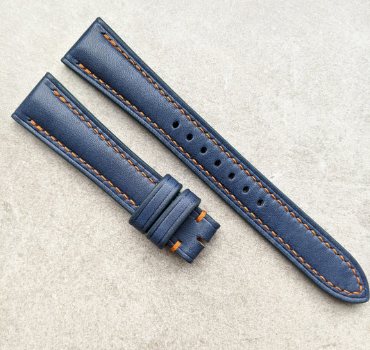 French Calfskin Watch Strap - Navy Blue w/Orange Stitch