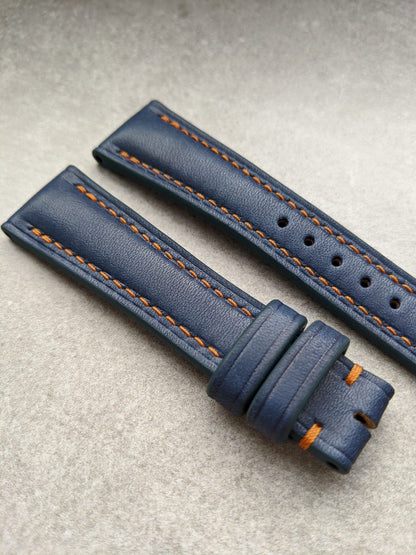 French Calfskin Watch Strap - Navy Blue w/Orange Stitch