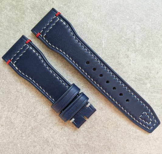 French Calfskin IWC Style Strap - Navy Blue with contrast stitching