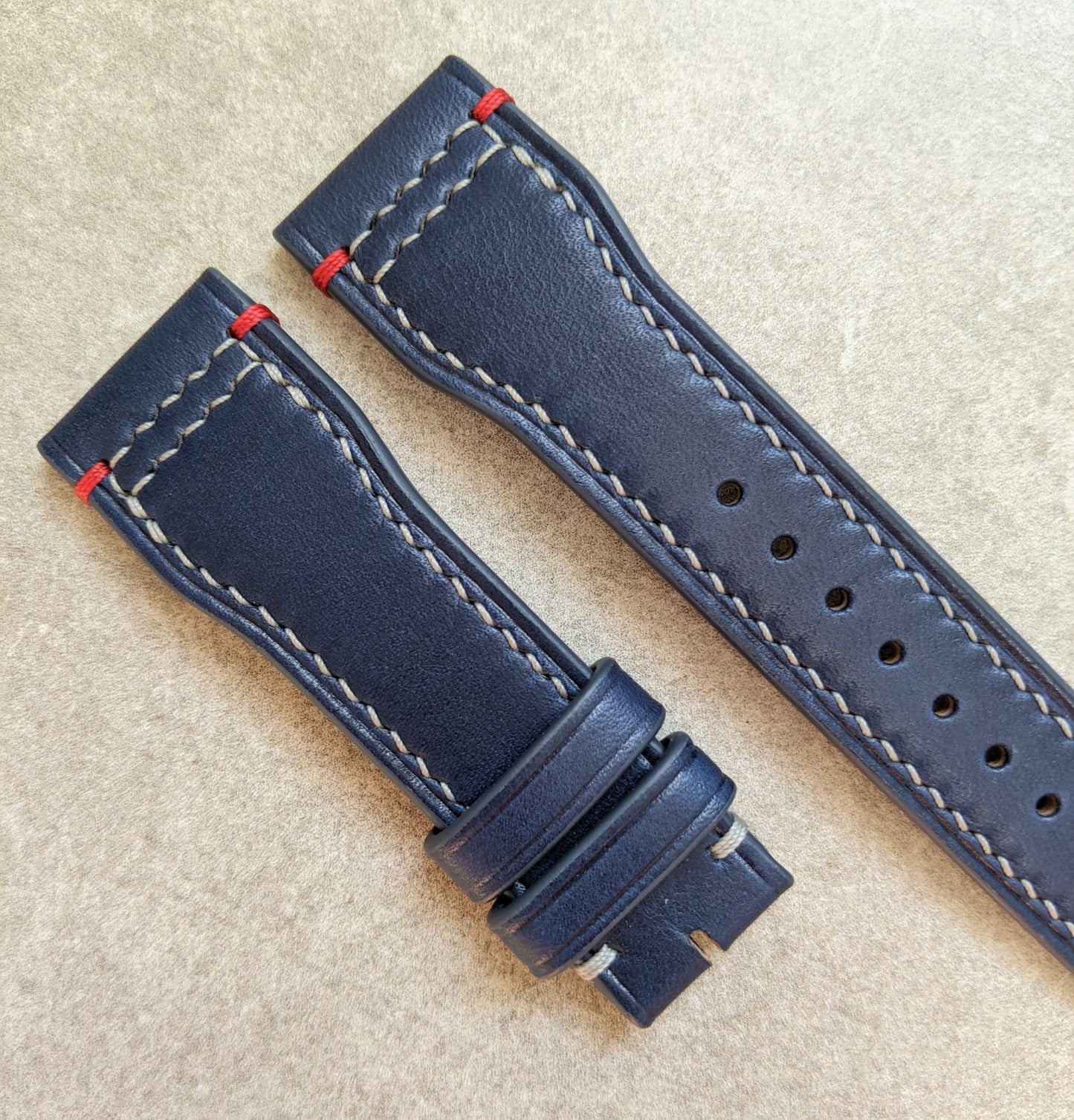 French Calfskin IWC Style Strap - Navy Blue with contrast stitching