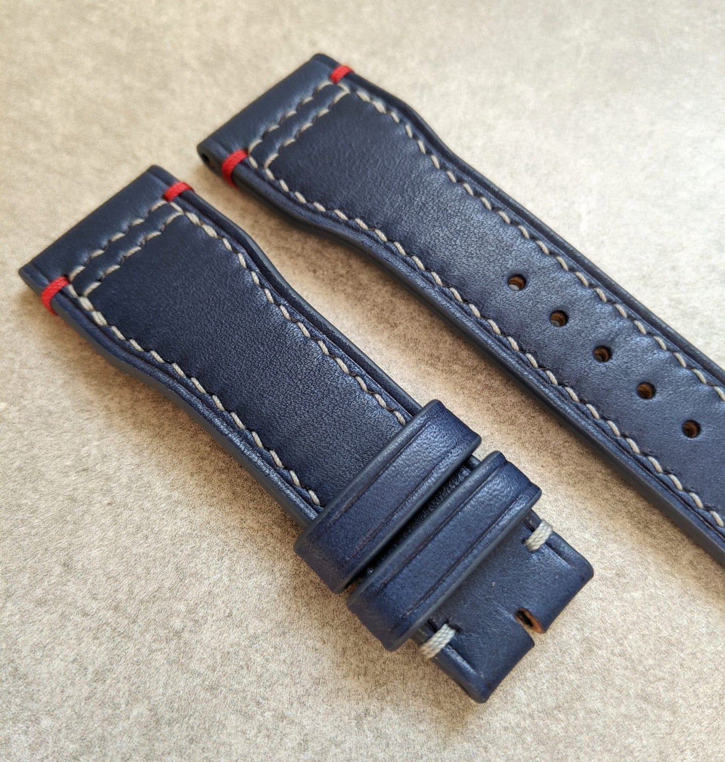 French Calfskin IWC Style Strap - Navy Blue with contrast stitching