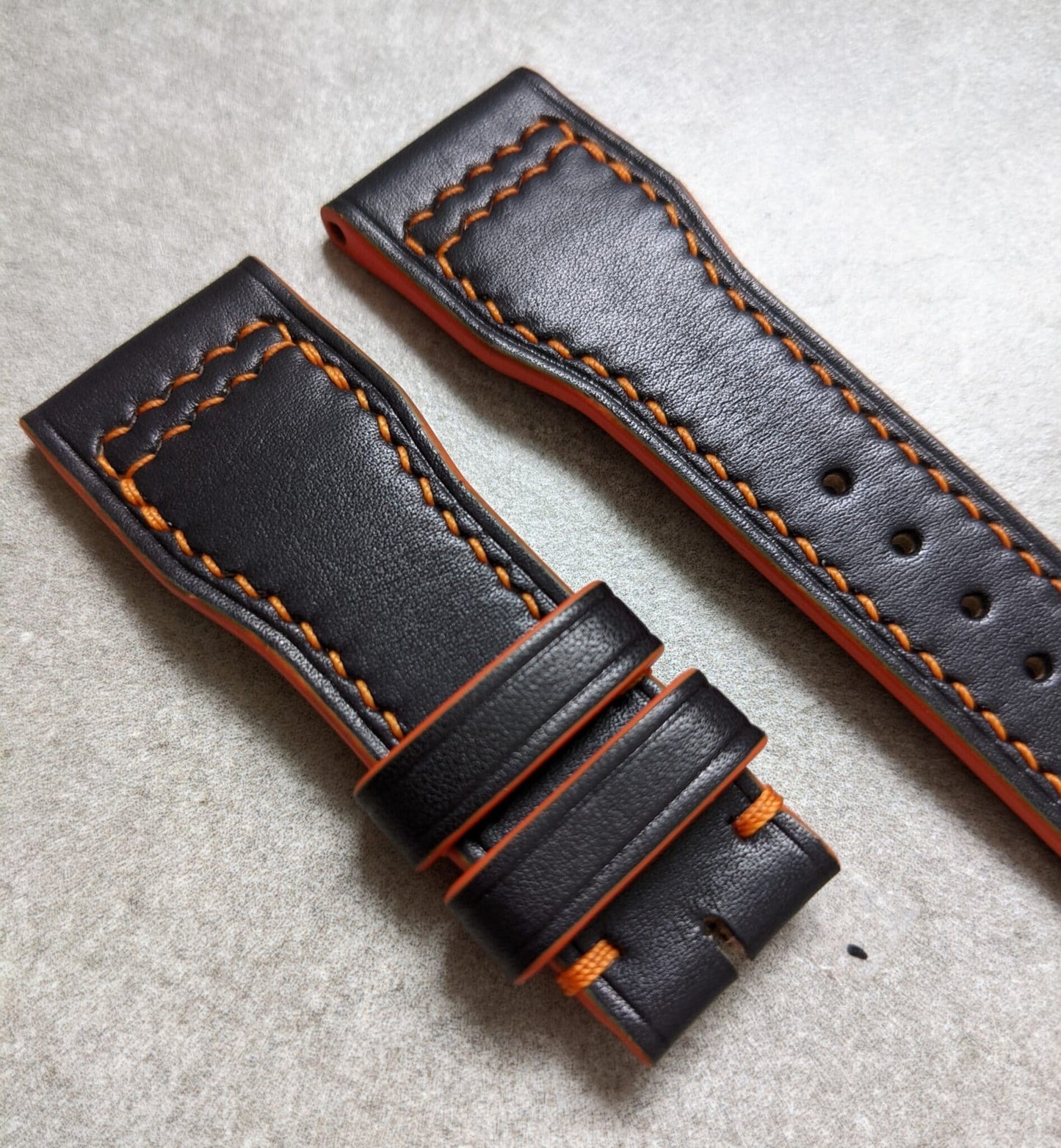 French Calfskin IWC Style Strap - Black & Orange