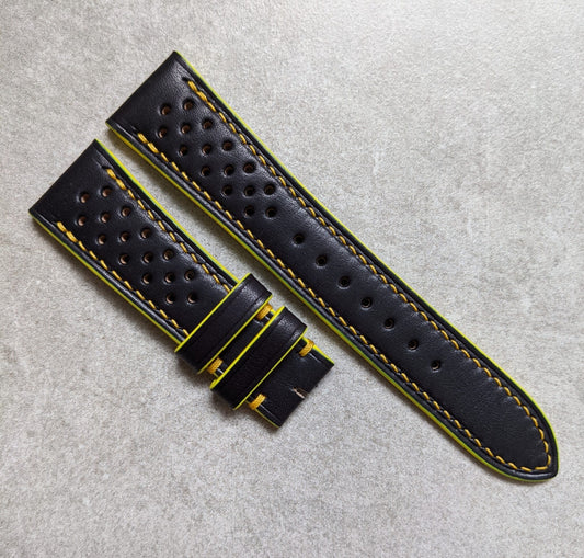 French Calfskin Rally Watch Strap - Black & Sunflower Yellow