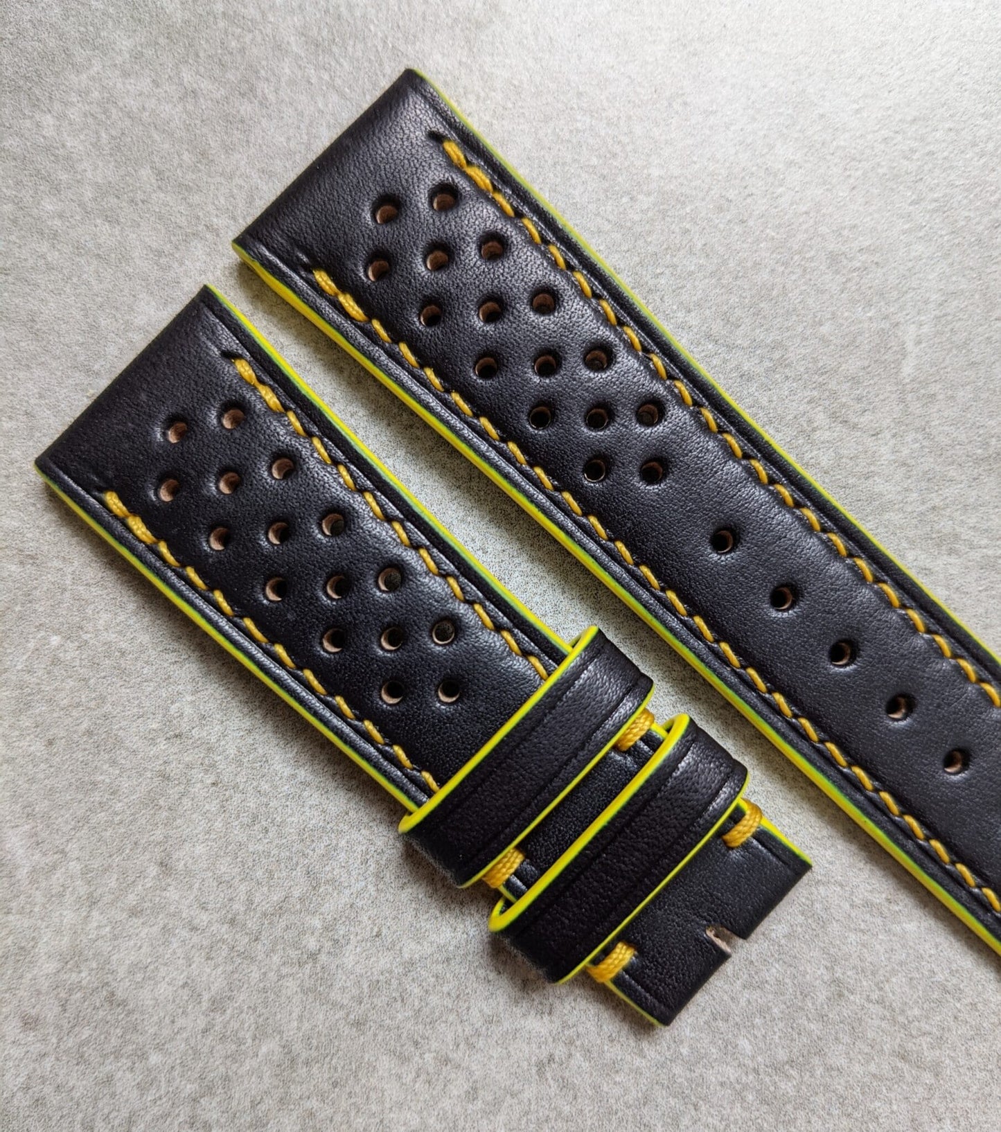 French Calfskin Rally Watch Strap - Black & Sunflower Yellow