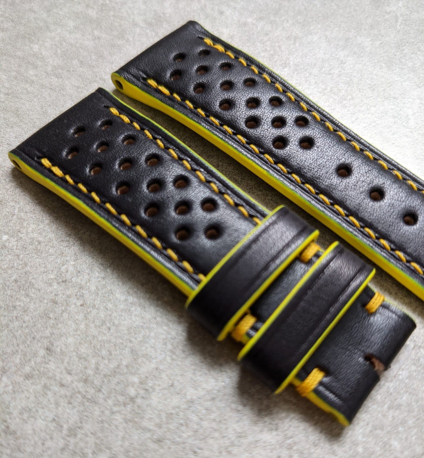 French Calfskin Rally Watch Strap - Black & Sunflower Yellow