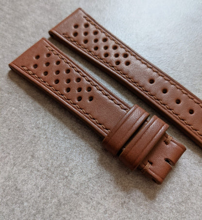 French Calfskin Leather Rally Watch Strap - Chestnut Brown