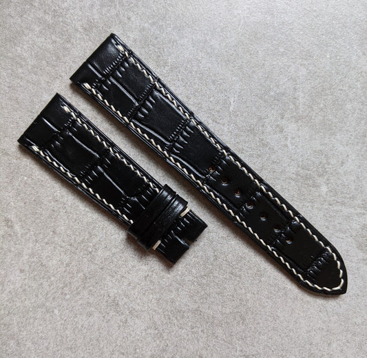 Embossed Crocodile Watch Strap - Black w/cream stitching