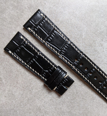 Embossed Crocodile Watch Strap - Black w/cream stitching