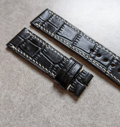 Embossed Crocodile Watch Strap - Black w/cream stitching