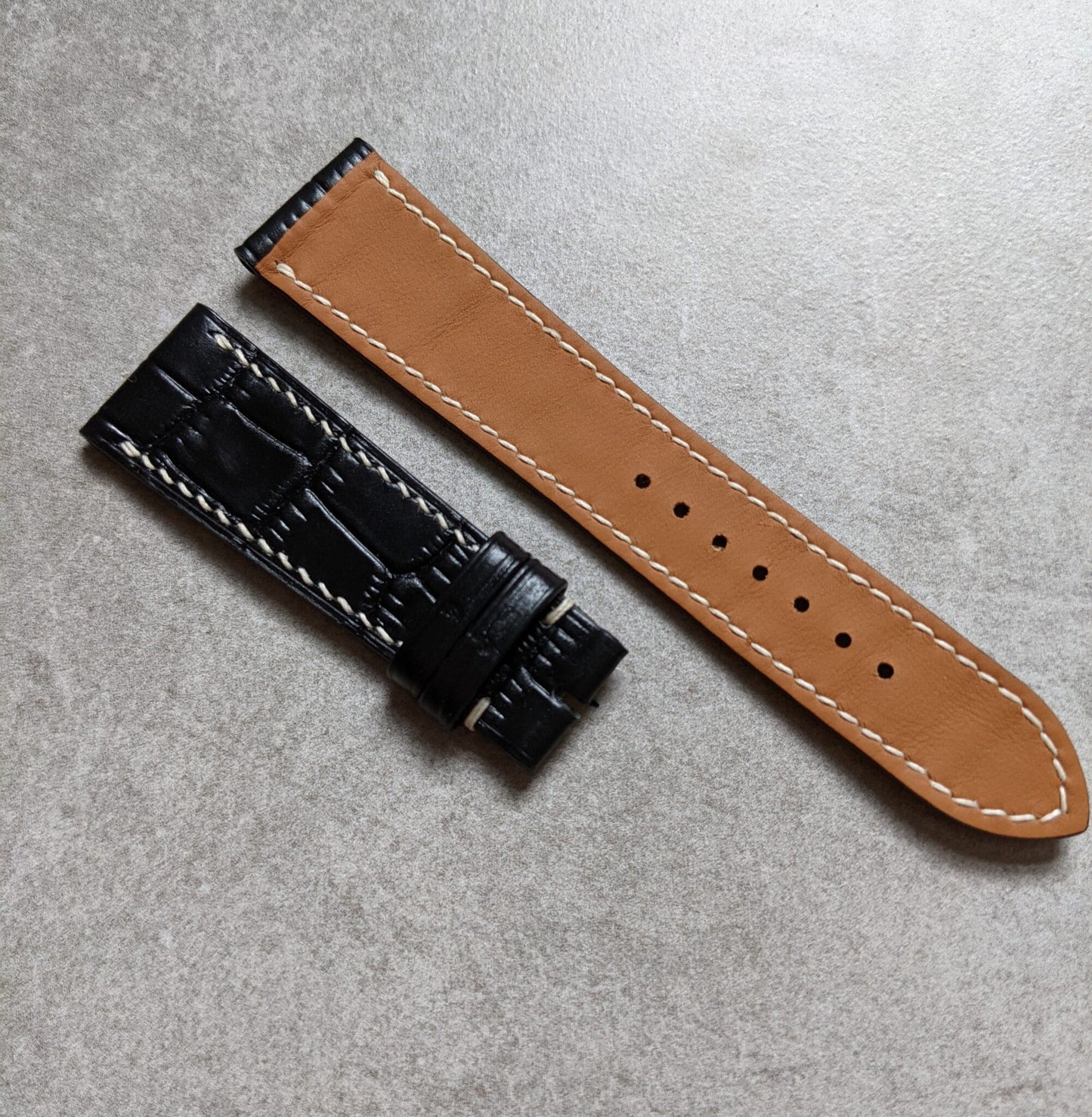 Embossed Crocodile Watch Strap - Black w/cream stitching