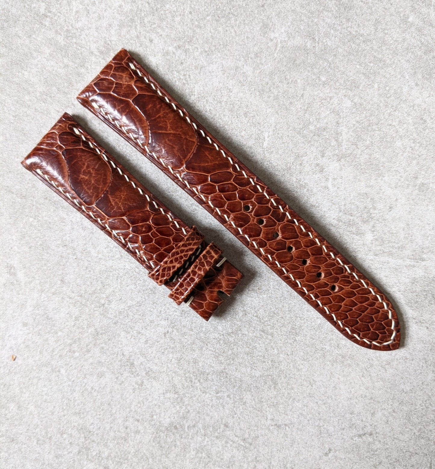 Ostrich Shin Watch Strap - Cognac w/Cream Stitching