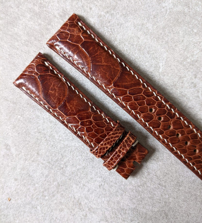 Ostrich Shin Watch Strap - Cognac w/Cream Stitching