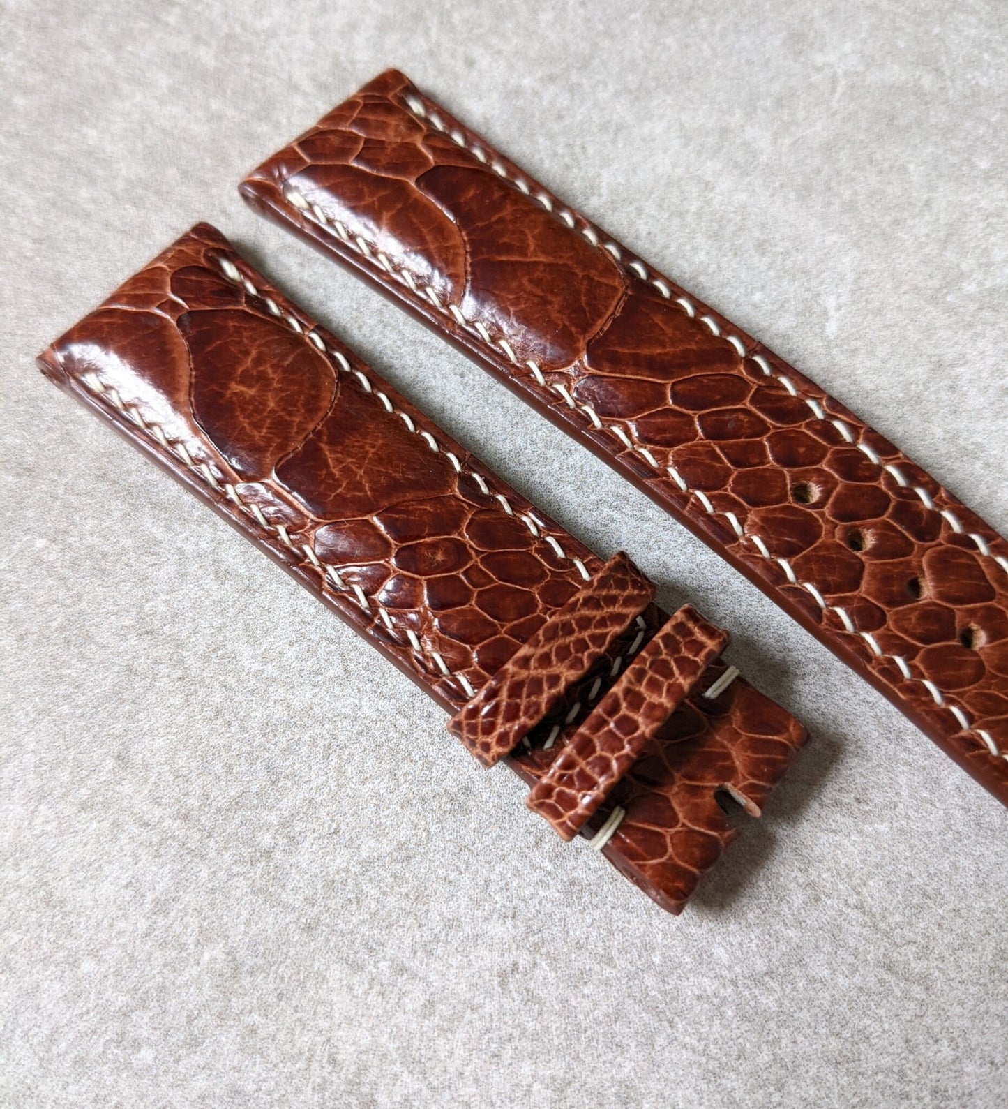 Ostrich Shin Watch Strap - Cognac w/Cream Stitching