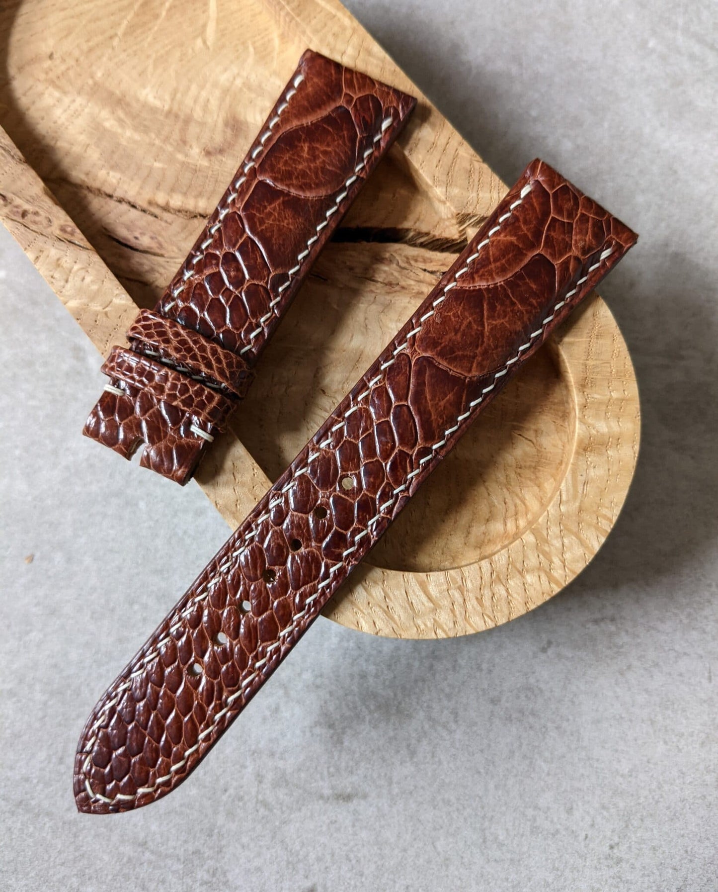 Ostrich Shin Watch Strap - Cognac w/Cream Stitching