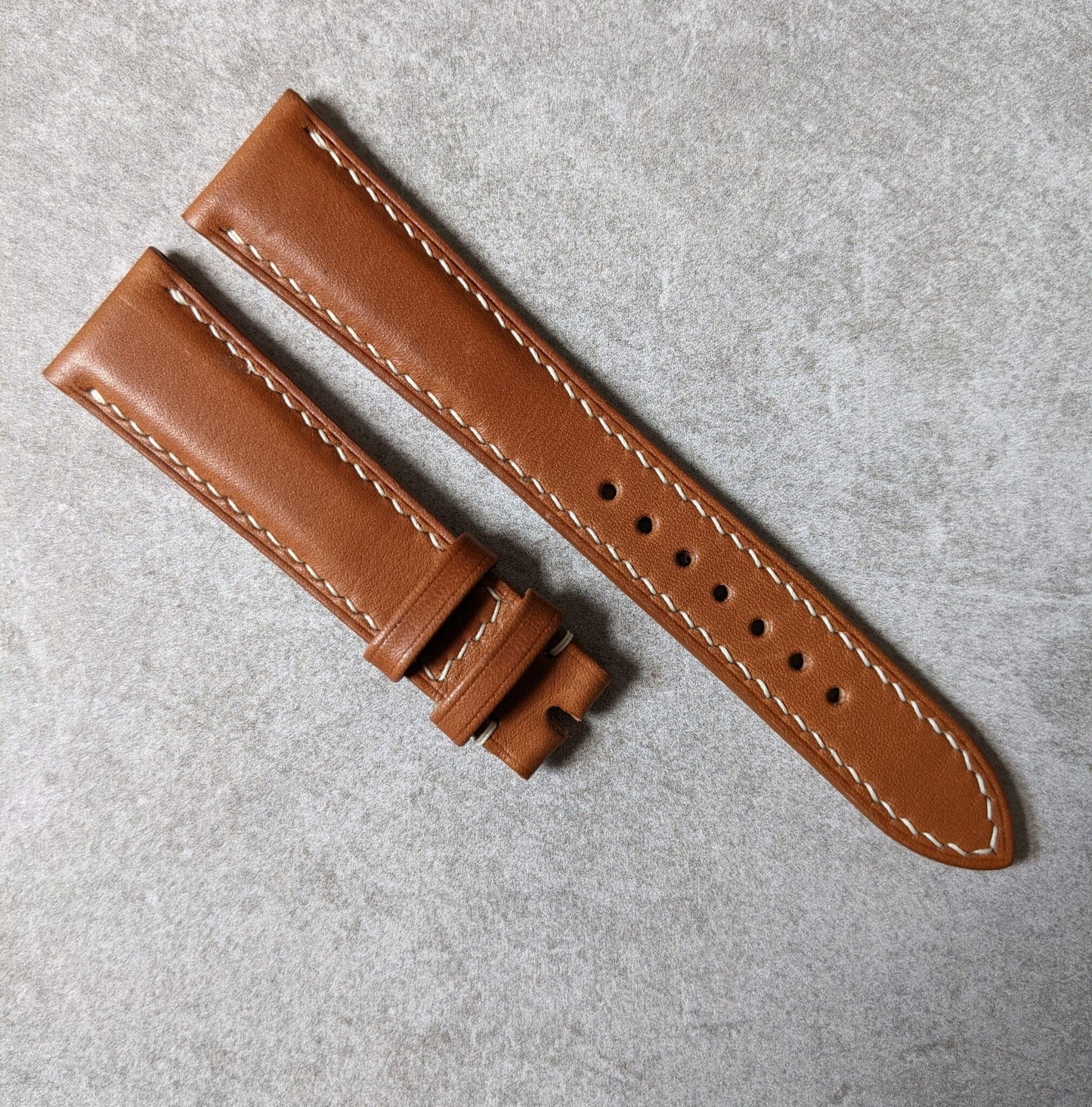 Barenia Calfskin Padded Watch Strap - Mid Brown w/cream stitching