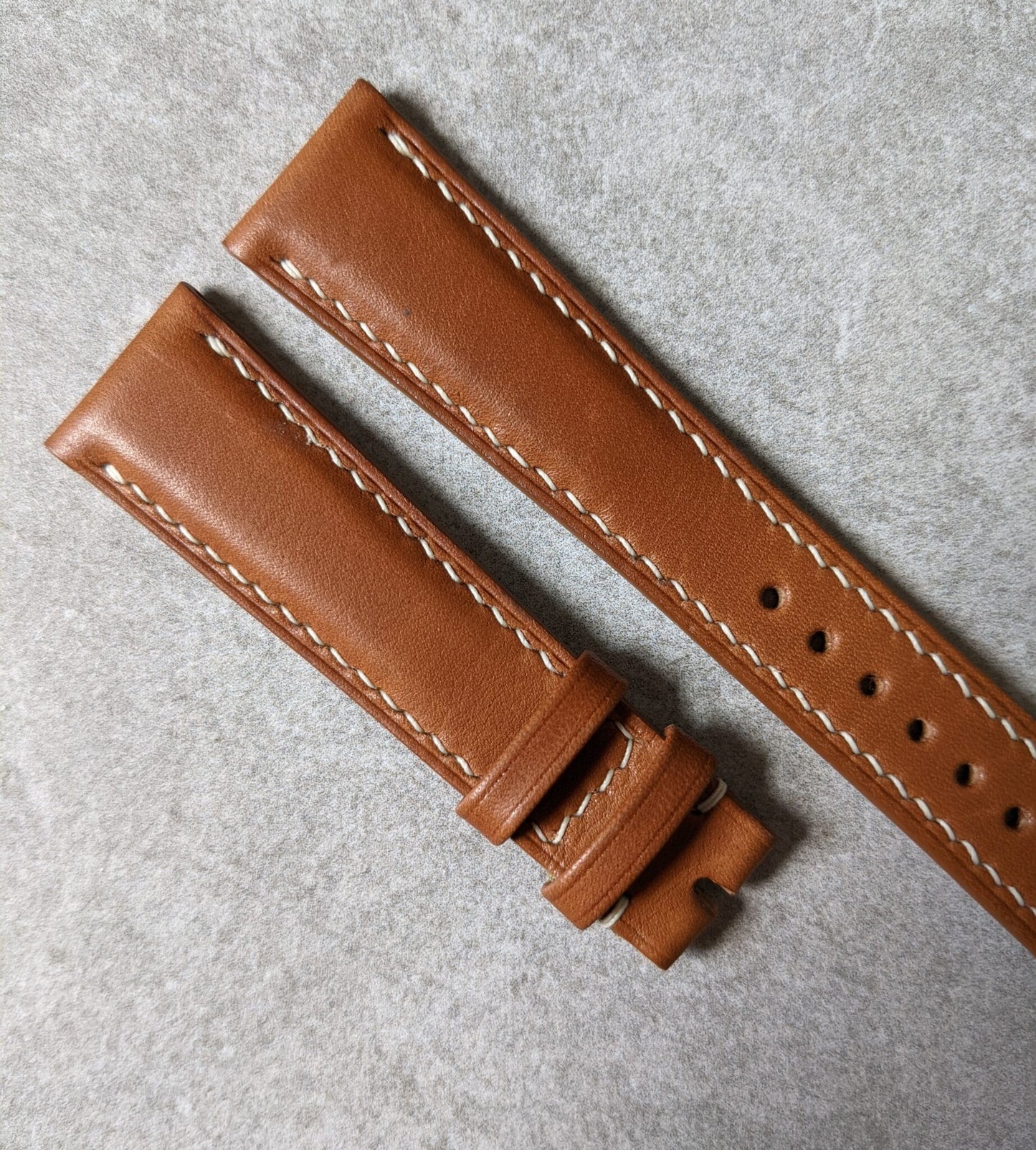 Barenia Calfskin Padded Watch Strap - Mid Brown w/cream stitching