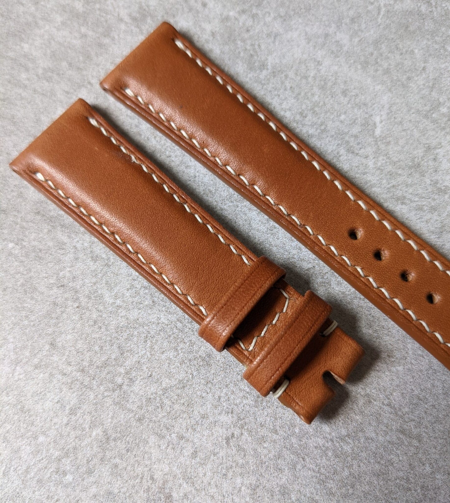 Barenia Calfskin Padded Watch Strap - Mid Brown w/cream stitching