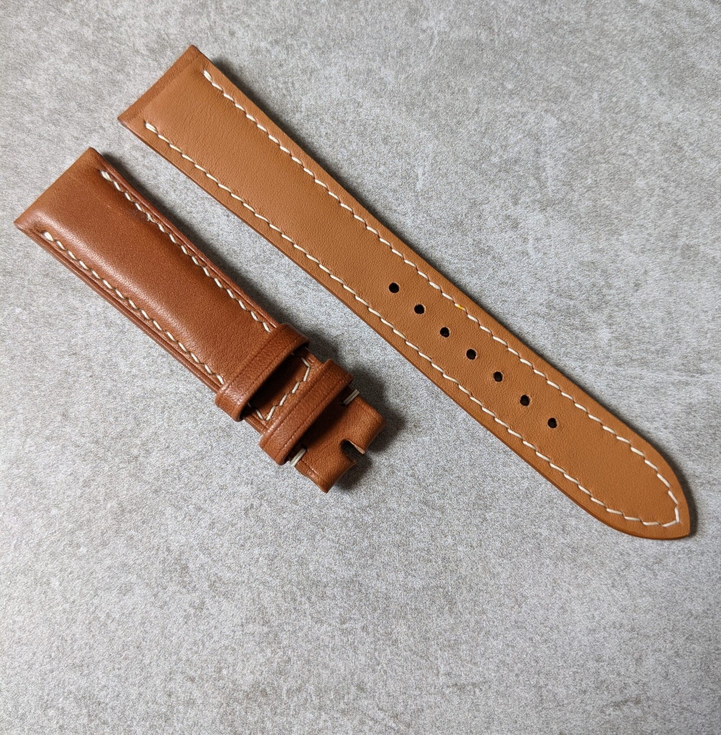 Barenia Calfskin Padded Watch Strap - Mid Brown w/cream stitching