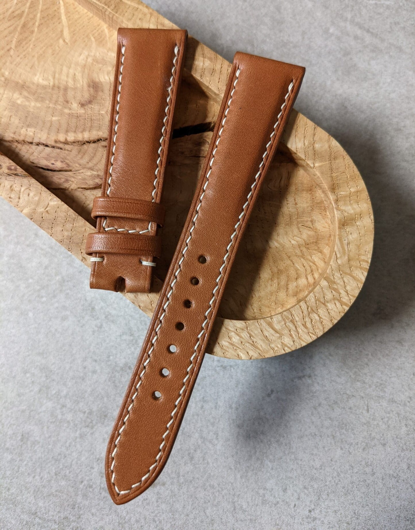 Barenia Calfskin Padded Watch Strap - Mid Brown w/cream stitching