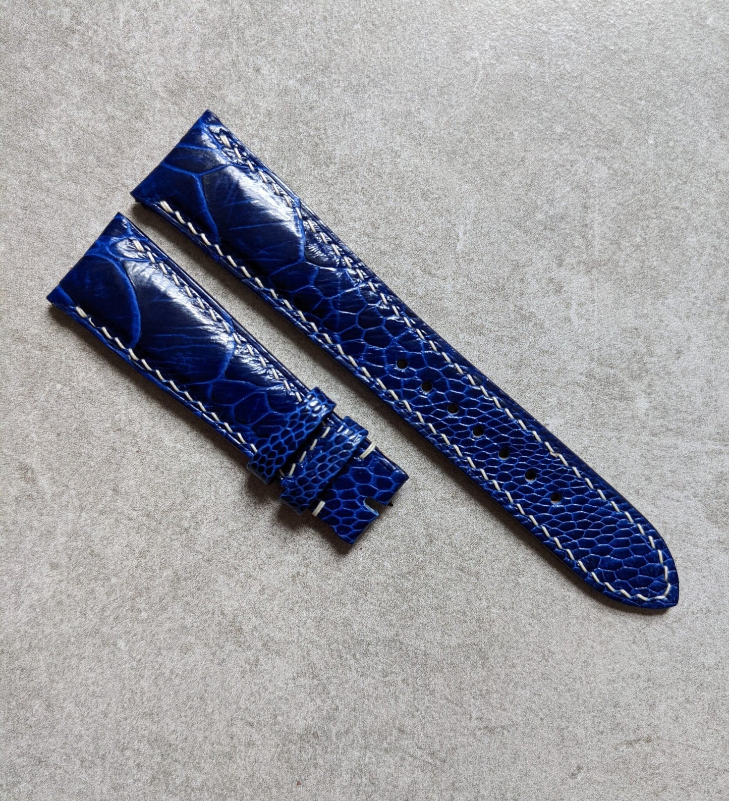 Ostrich Shin Padded Watch Strap - Electric Blue W/Cream Stitching