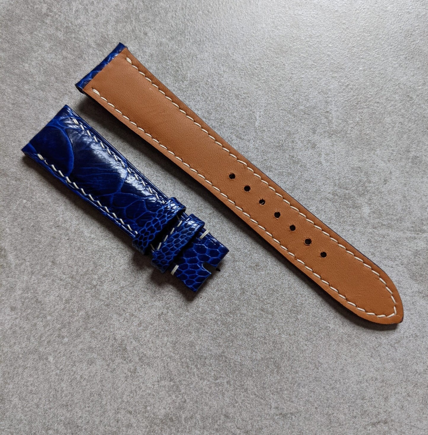 Ostrich Shin Padded Watch Strap - Electric Blue W/Cream Stitching