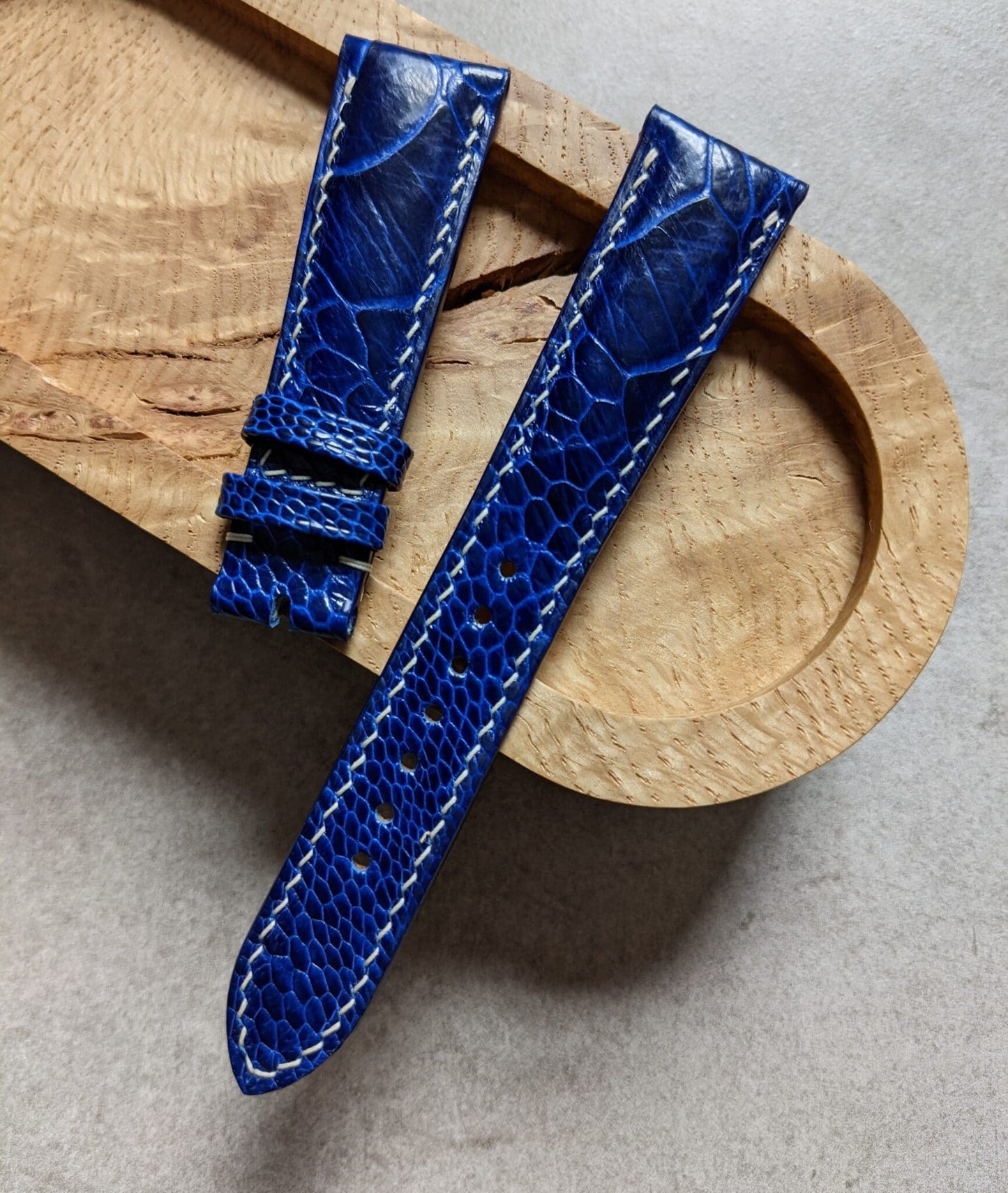 Ostrich Shin Padded Watch Strap - Electric Blue W/Cream Stitching