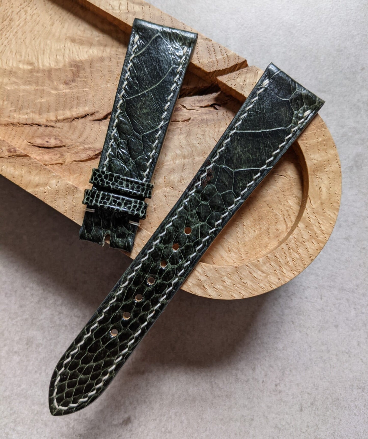 Ostrich Shin Watch Strap - Olive W/Cream Stitching